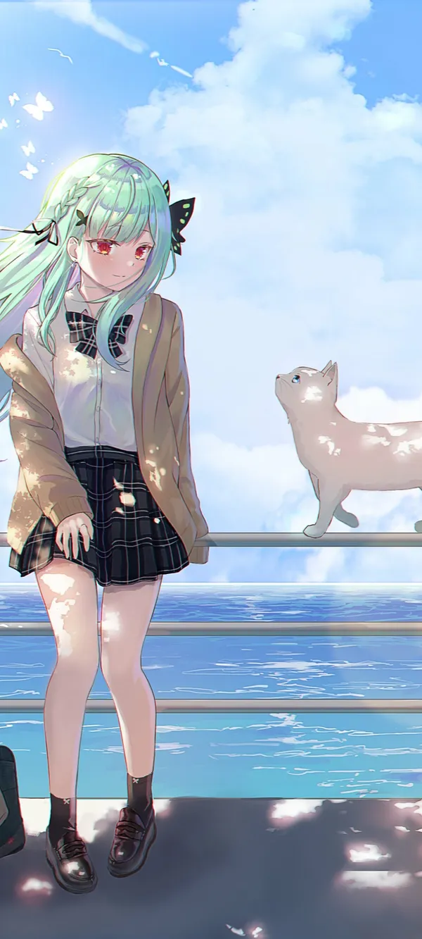 Anime girl is standing on a pier with a cat