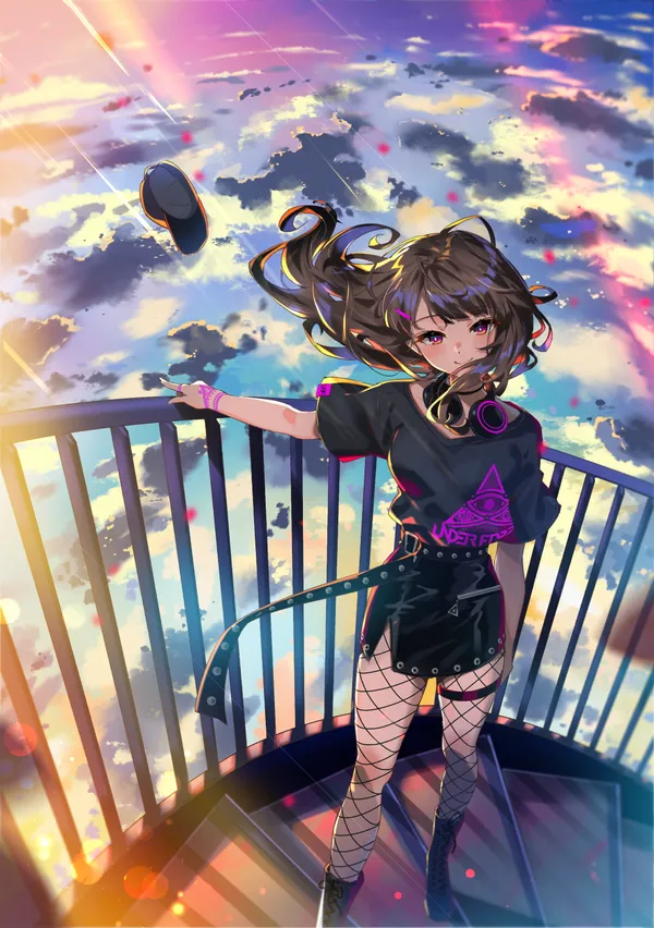 Anime girl is standing on a rooftop above the clouds