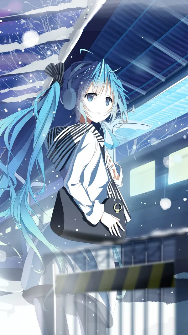 Anime girl is standing on a snowy train platform