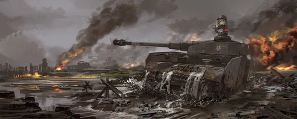 Anime girl riding on a tank through a destroyed city