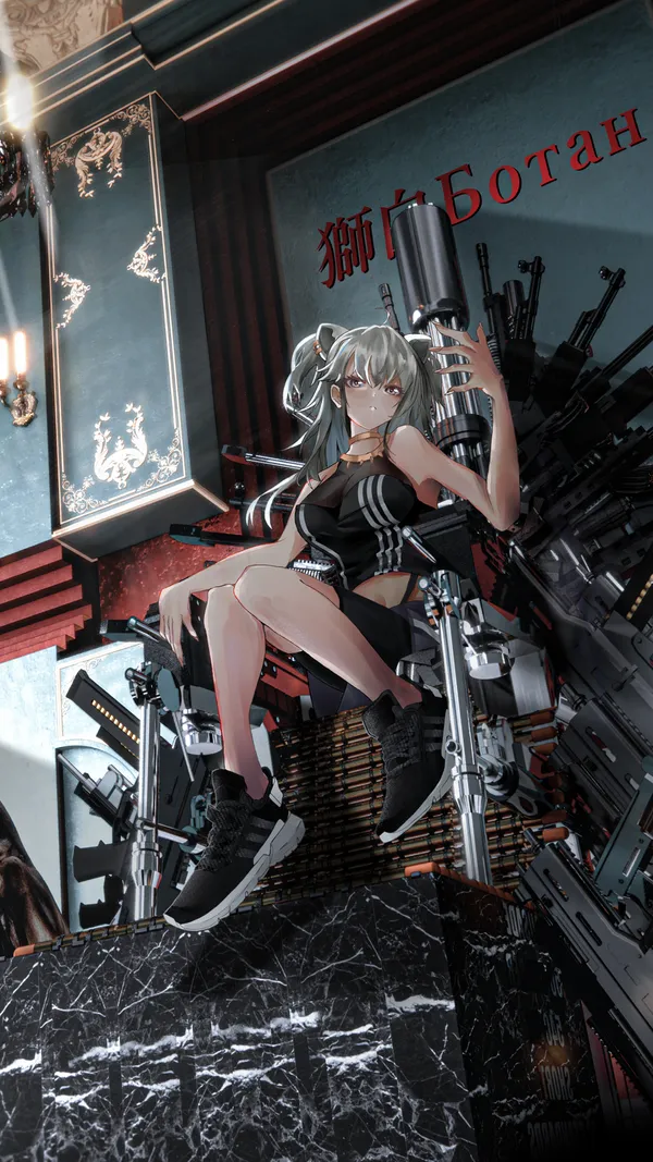 Anime girl sits on a pile of guns