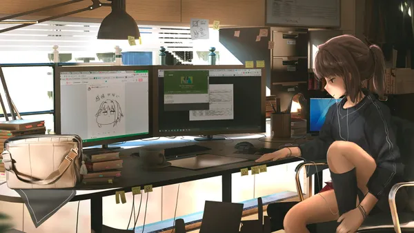 Anime girl sitting at her desk looking at her computer monitors
