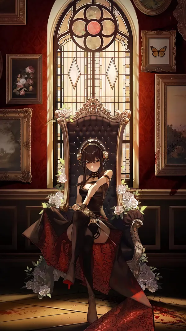 Anime girl sitting on a throne with white roses