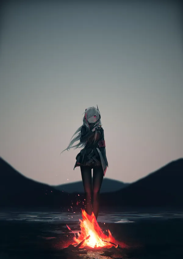 Anime girl standing near a campfire at night
