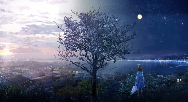 Anime girl standing on a hilltop overlooking a city at sunset