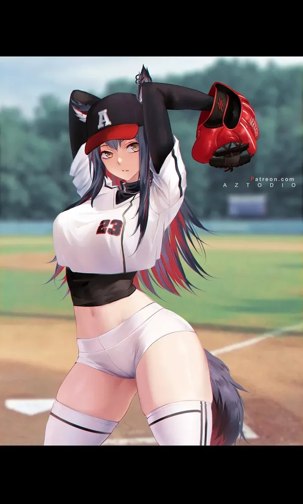 Anime girl wearing a baseball uniform is holding a baseball catcher's mitt