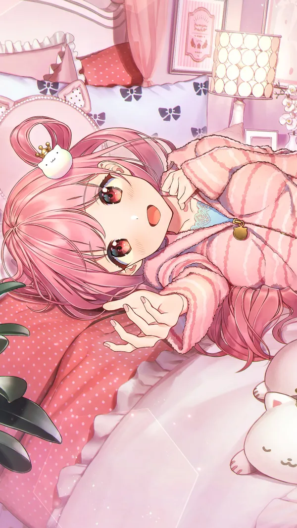 Anime girl wearing a pink bunny onesie is lying on a bed