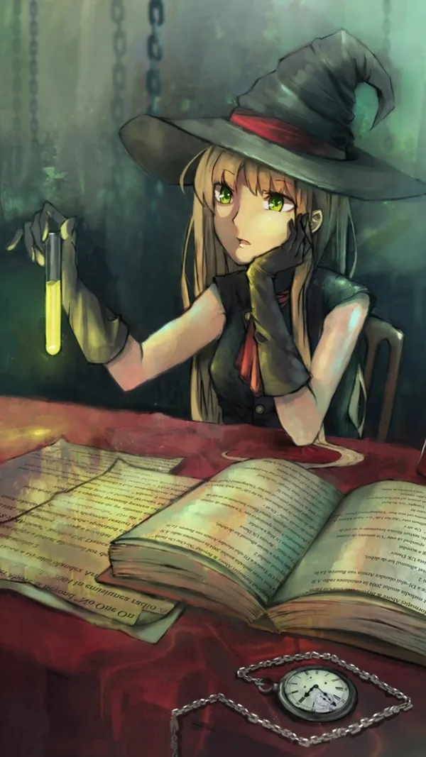 Anime girl wearing a witch hat is looking at a glowing green liquid in a