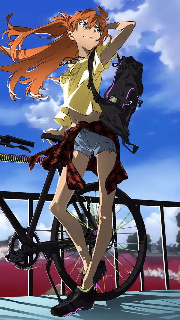 Anime girl with a bicycle is standing on a bridge