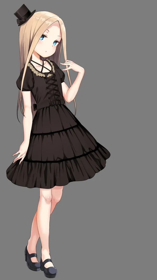 Anime girl with a blonde hair wearing a black gothic dress and a top hat