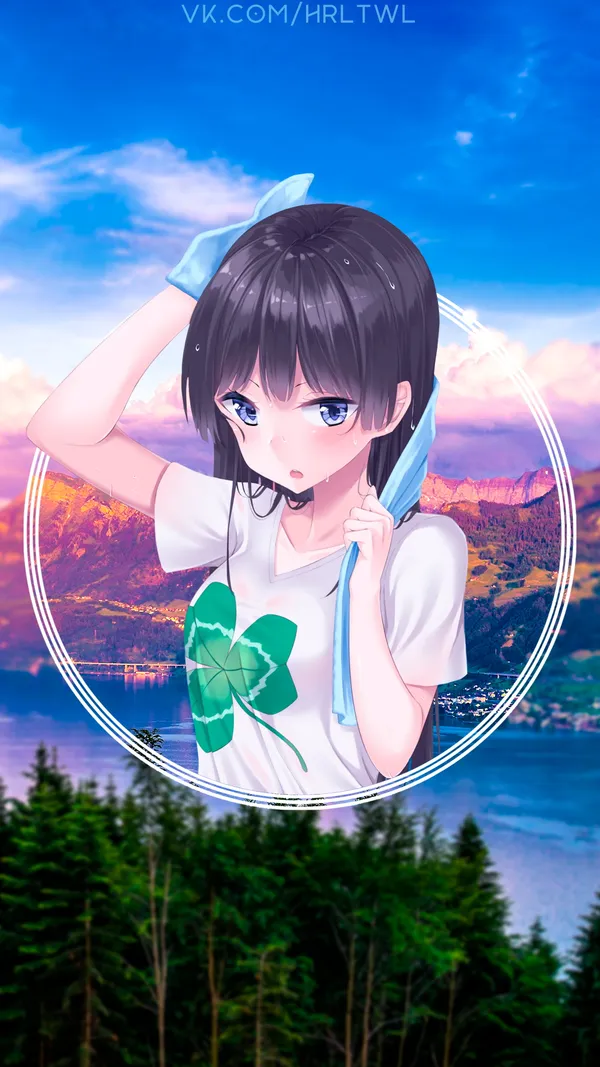 Anime girl with a blue towel around her neck is in front of a scenic