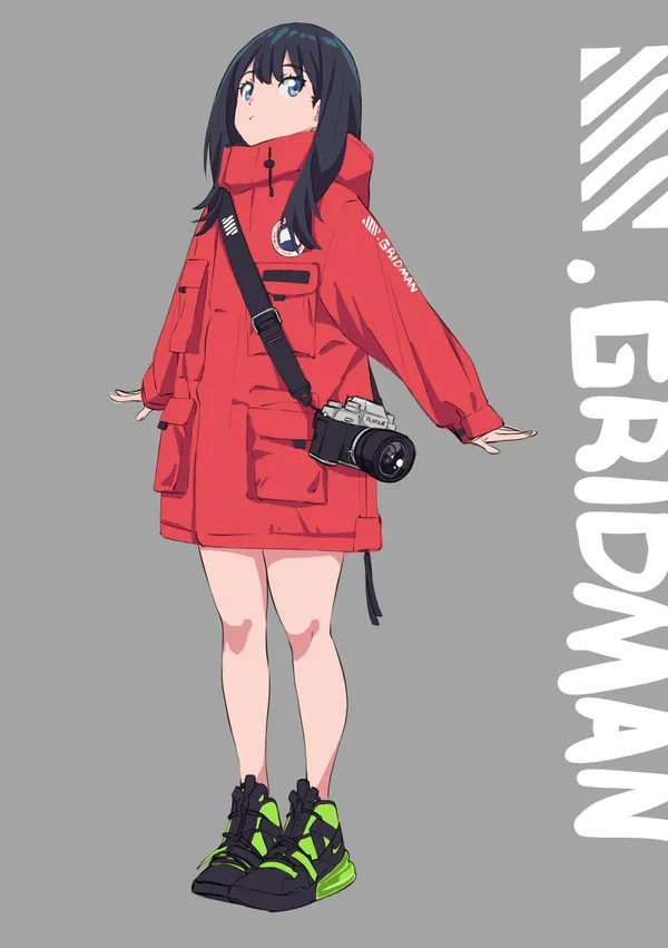 Anime girl with a camera wearing a red puffy jacket