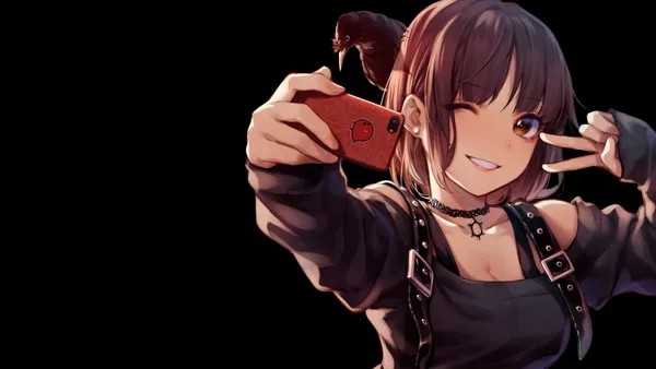 Anime girl with a crow on her head is taking a selfie