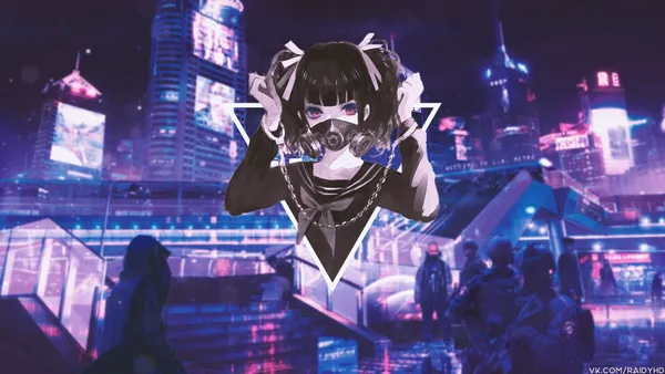 Anime girl with a gas mask and pink hair in a triangle over a blurred