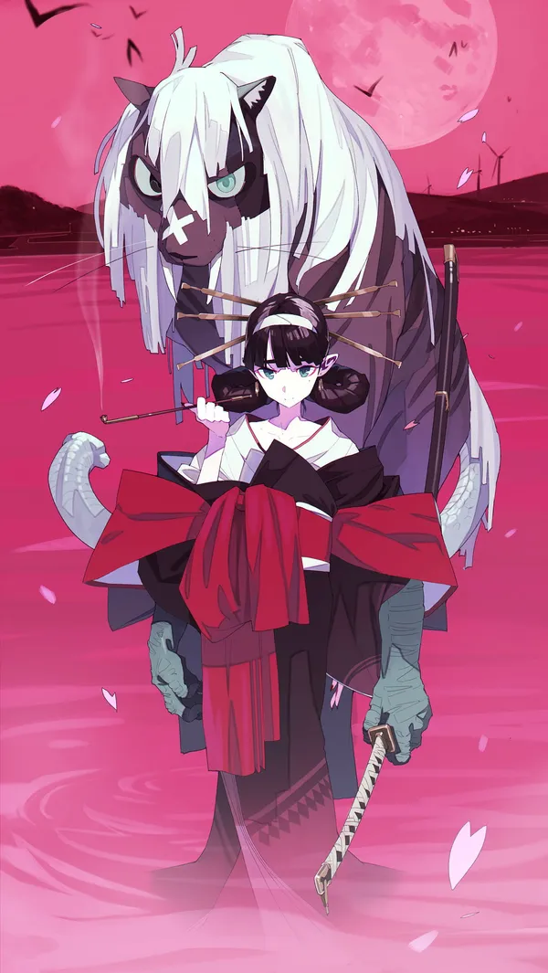 Anime girl with a large cat-like creature behind her