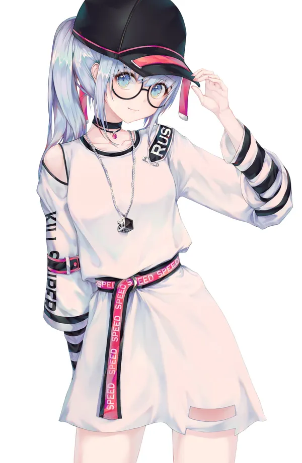 Anime girl with a long ponytail wearing a cap and glasses