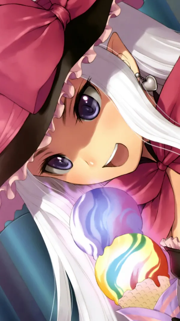 Anime girl with a pink bow in her hair is eating an ice cream cone