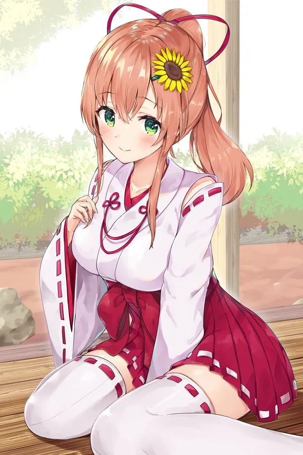 Anime girl with a sunflower in her hair is sitting on the floor