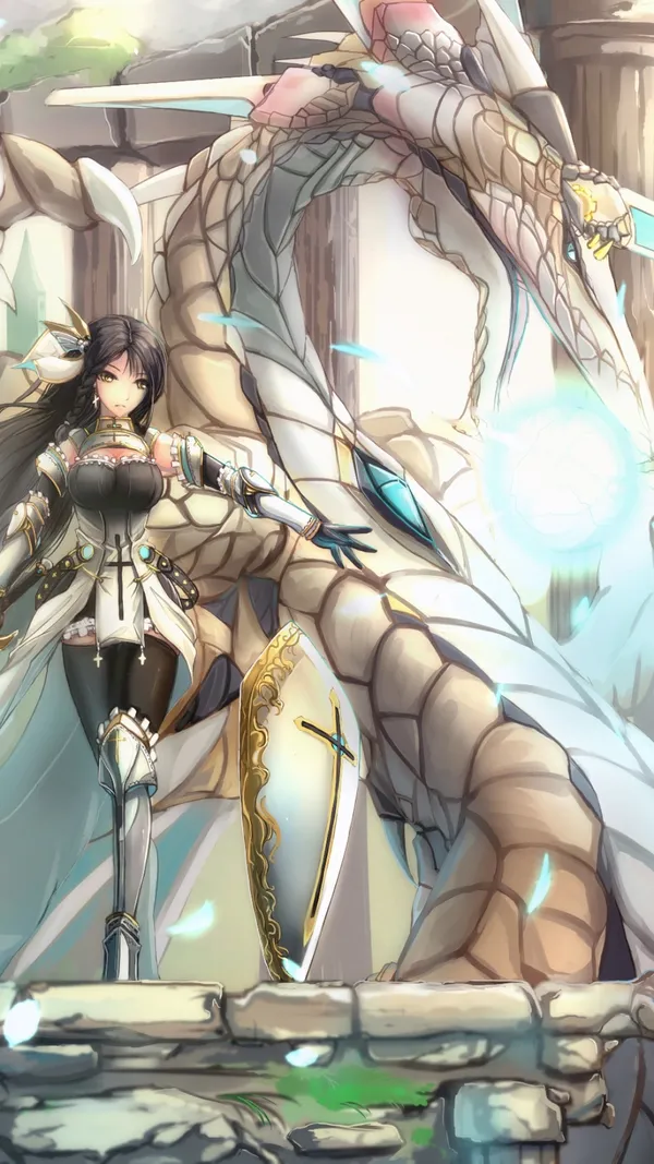 Anime girl with a white and gold outfit and a large white dragon with gold