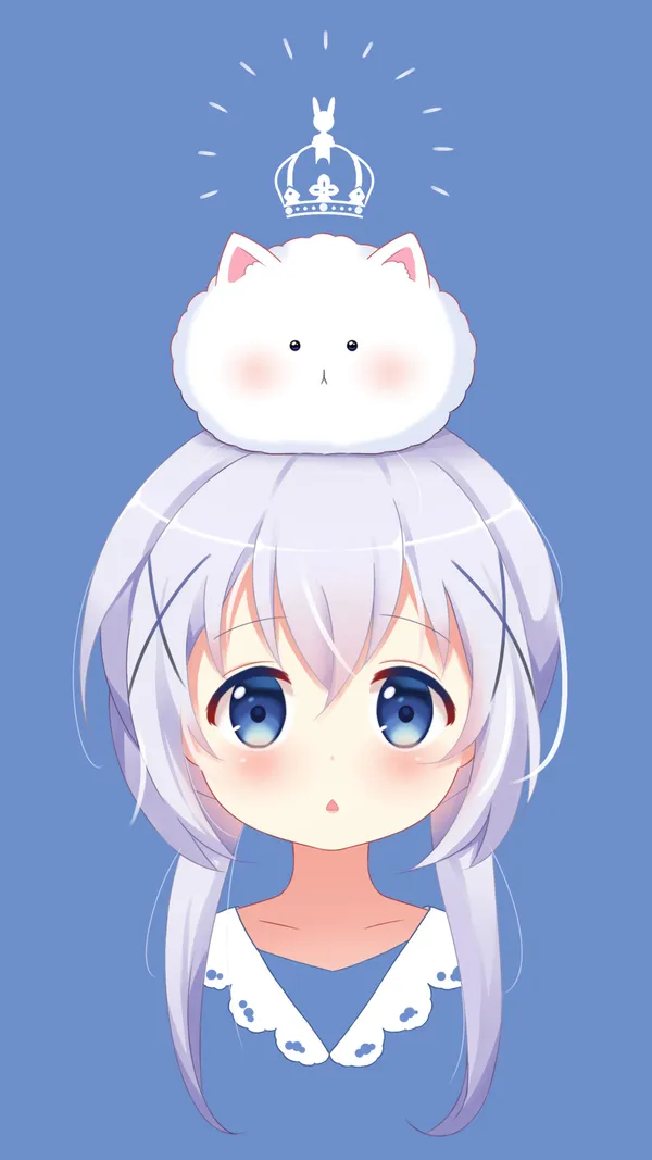 Anime girl with a white cat on her head