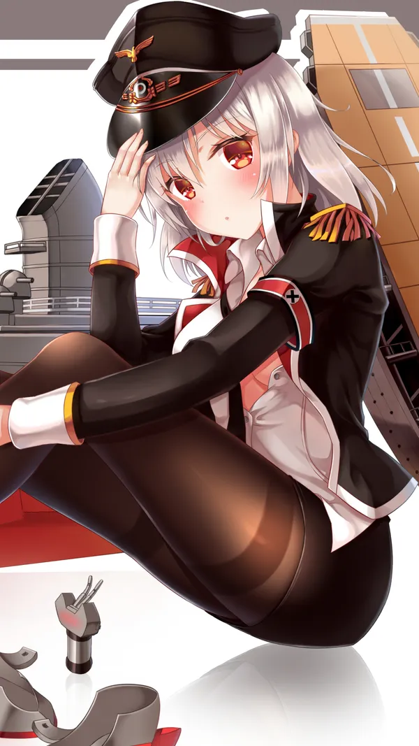 Anime girl with a white hat and black jacket is sitting on a railing