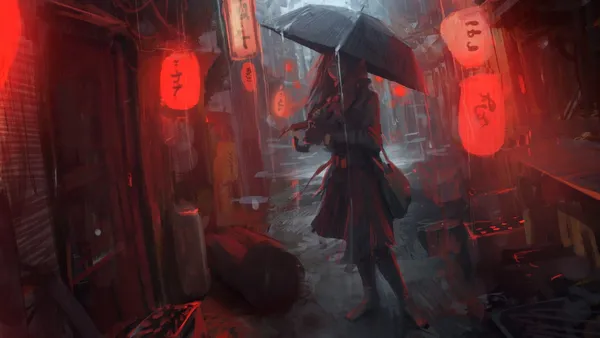 Anime girl with an umbrella walking in a rainy alleyway