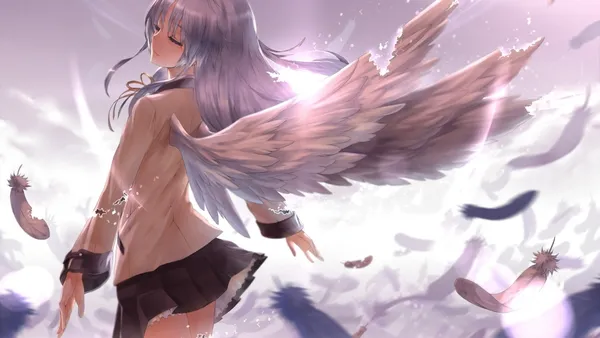 Anime girl with angel wings is shedding feathers