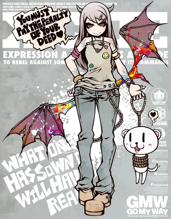 Anime girl with bat wings and a teddy bear on a chain