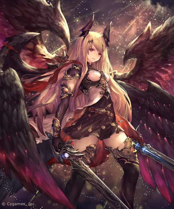 Anime girl with black and red wings is holding a sword