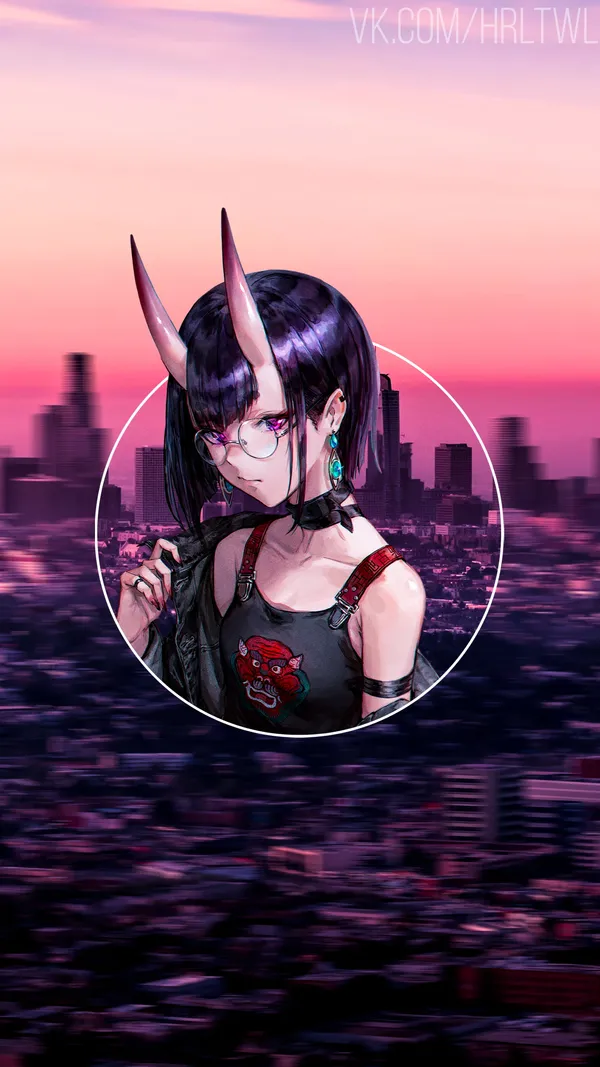 Anime girl with black hair and horns standing in front of a city