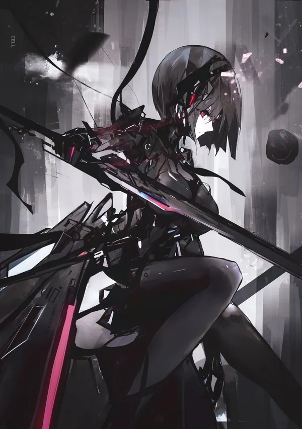 Anime girl with black hair and red eyes holding a sword