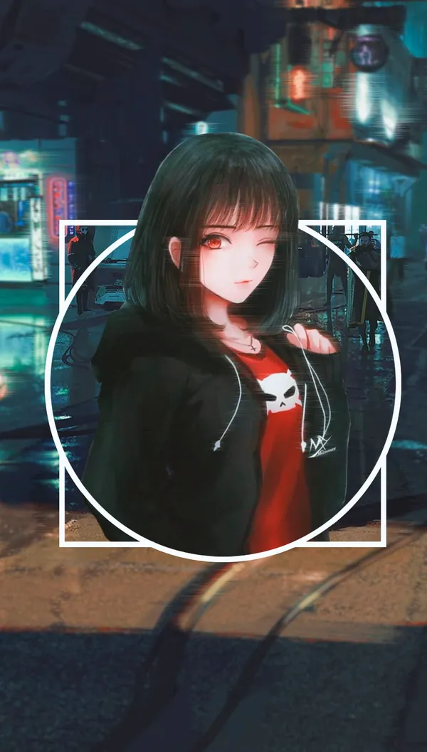 Anime girl with black hair and red eyes in a black hoodie