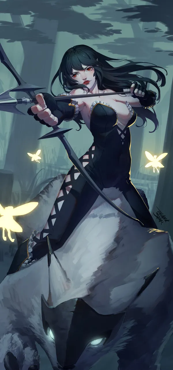 Anime girl with black hair and red eyes riding a wolf and shooting a bow