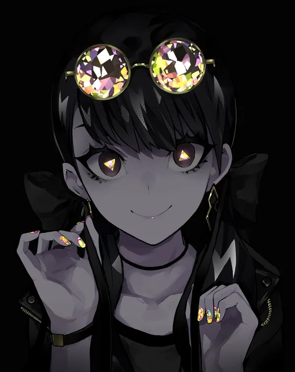 Anime girl with black hair and yellow eyes wearing glasses and a black jacket