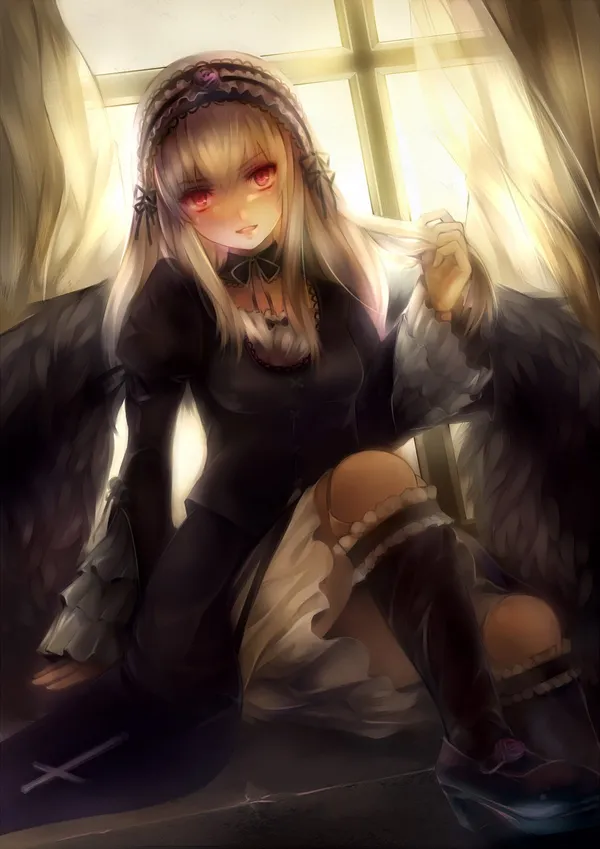 Anime girl with black wings is sitting on a ledge by a window