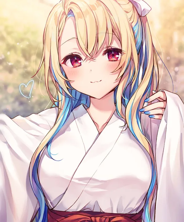 Anime girl with blonde and blue hair wearing a kimono is smiling