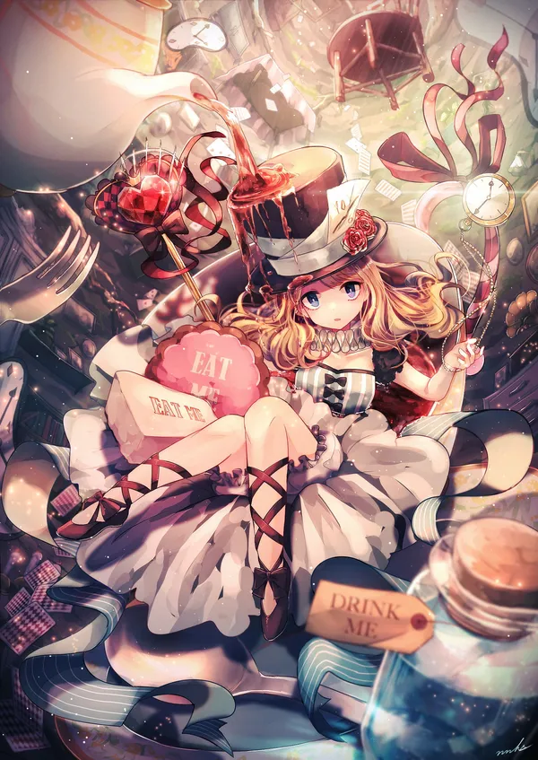 Anime girl with blonde hair and blue eyes in a white dress surrounded by floating