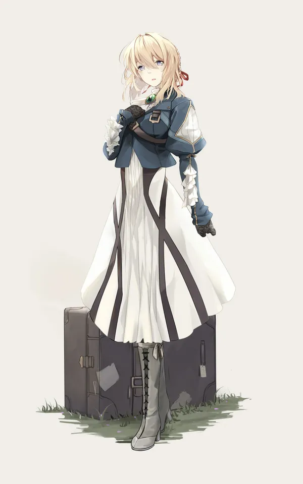 Anime girl with blonde hair and blue eyes standing on a suitcase