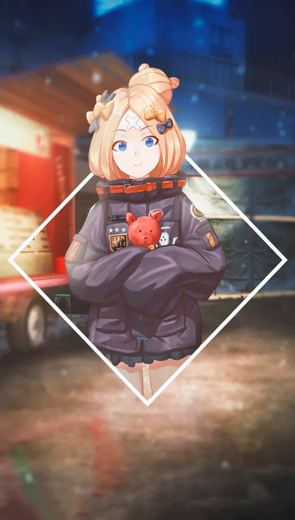 Anime girl with blonde hair and blue eyes wearing a black jacket