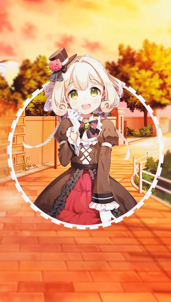 Anime girl with blonde hair and green eyes in a red and black dress