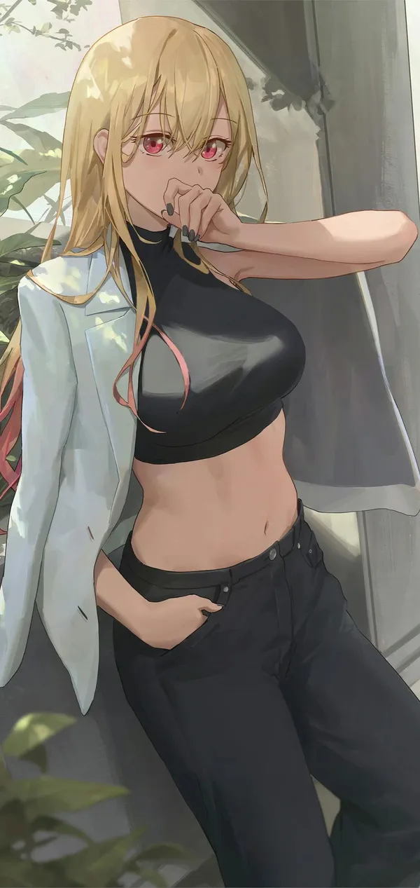 Anime girl with blonde hair and red eyes is standing in front of a door