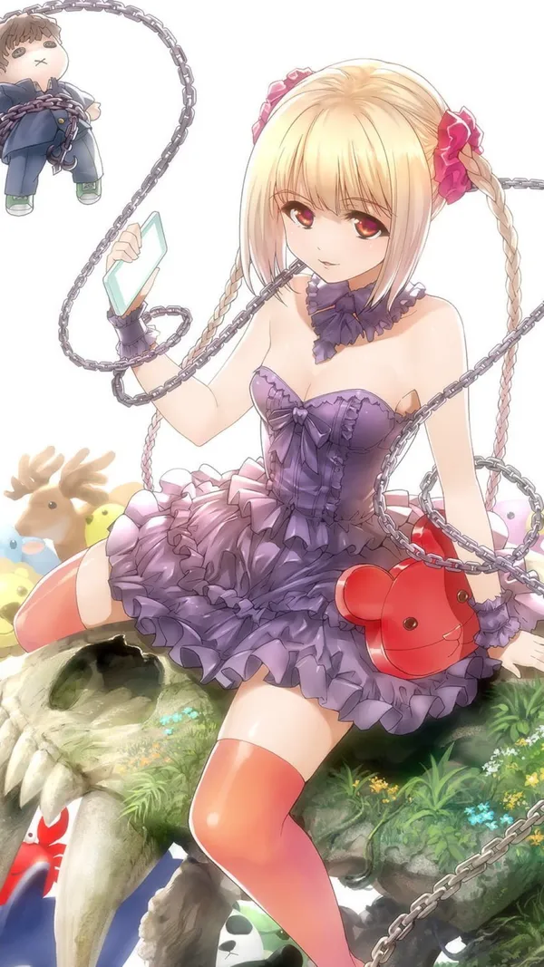 Anime girl with blonde hair and red eyes wearing a purple dress is sitting on