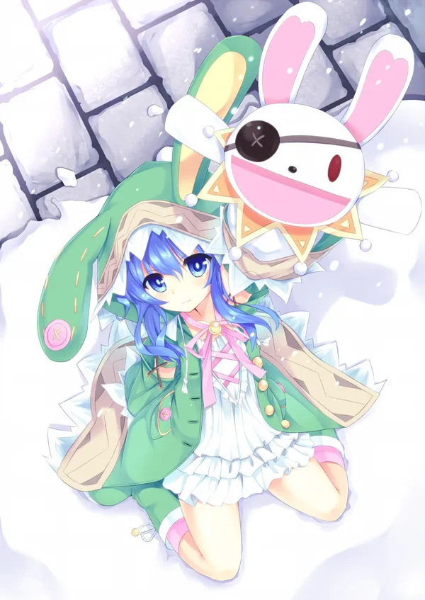 Anime girl with blue hair and a green hat is hugging a stuffed animal in