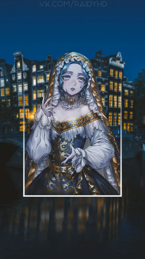 Anime girl with blue hair and blue eyes is crying in front of a European-style