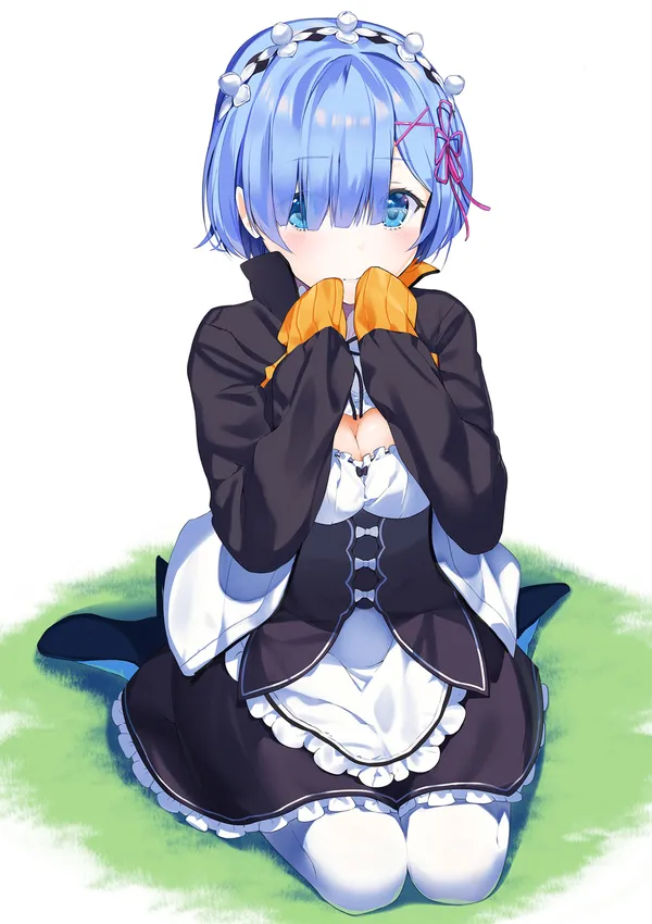 Anime girl with blue hair and blue eyes is kneeling on the grass