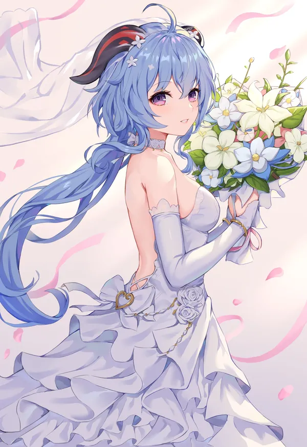 Anime girl with blue hair and purple eyes in a wedding dress holding a bouquet