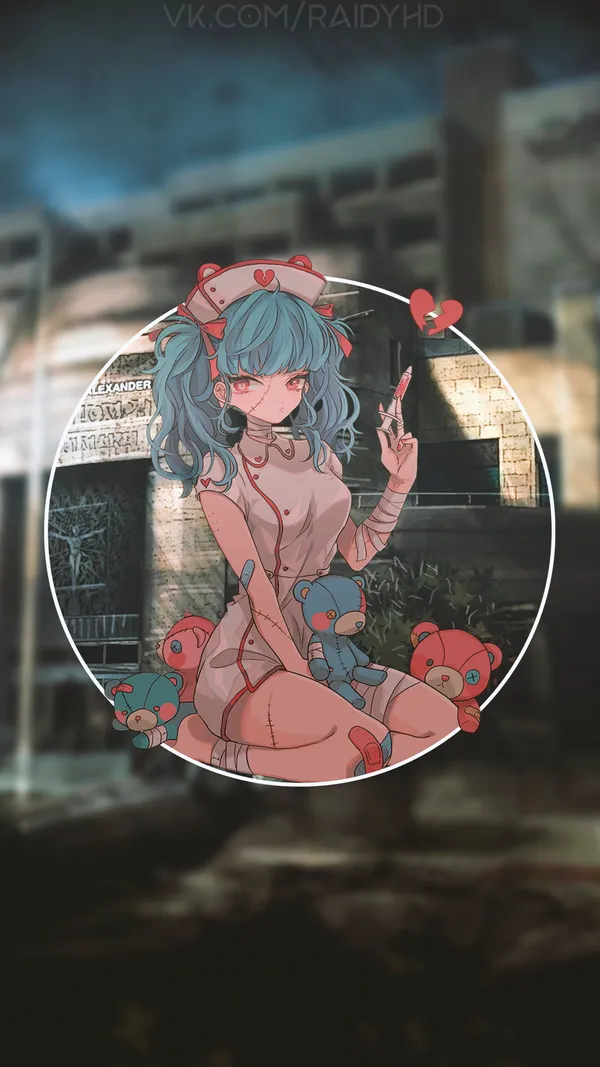 Anime girl with blue hair and red eyes is holding a bloody syringe with a