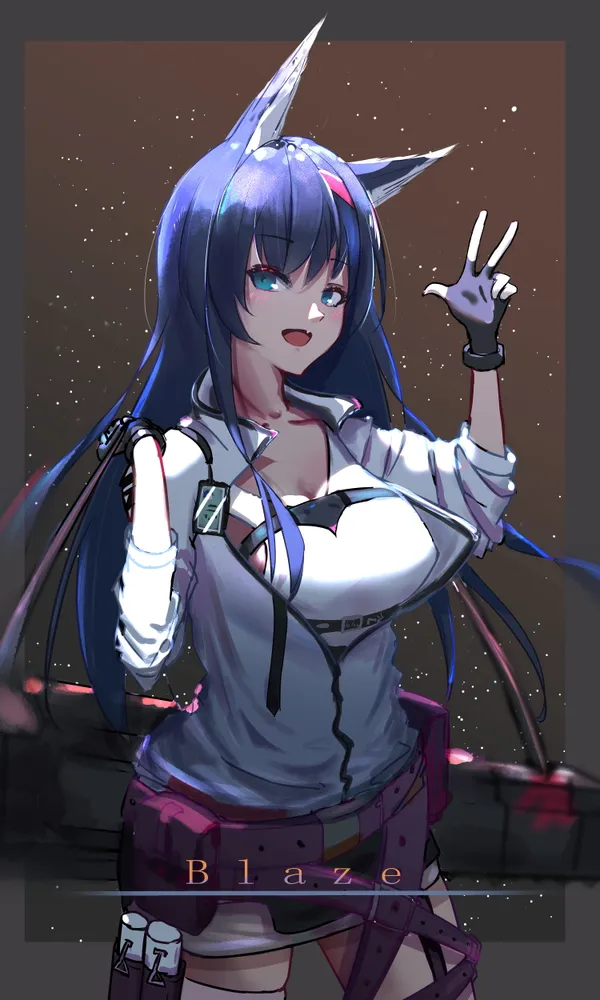 Anime girl with blue hair and red eyes is smiling and waving