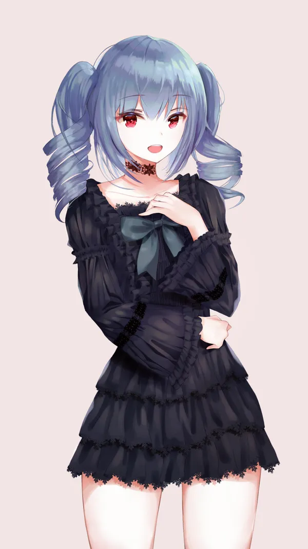 Anime girl with blue hair and red eyes wearing a black dress