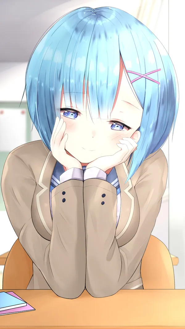 Anime girl with blue hair is sitting at a desk smiling